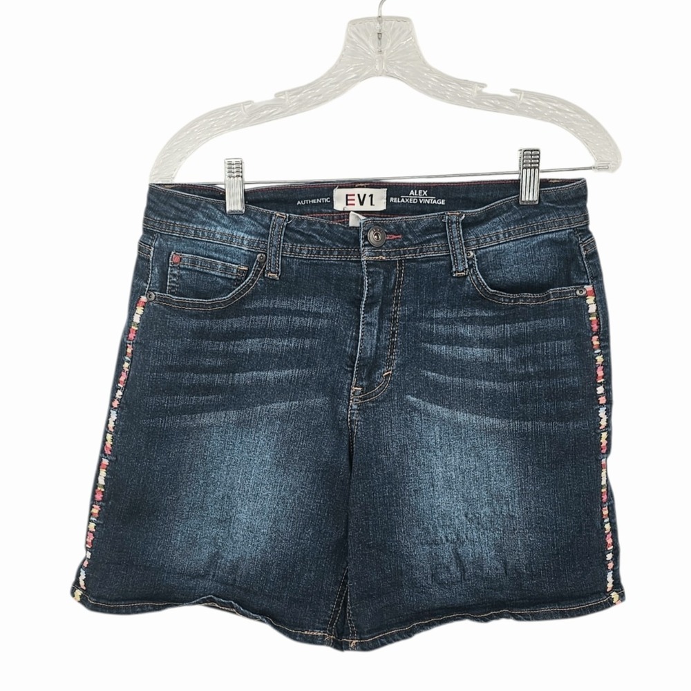 EV1 Alex Relaxed Vintage Jean Shorts Size 8 Dark Wash Rainbow Side Trim